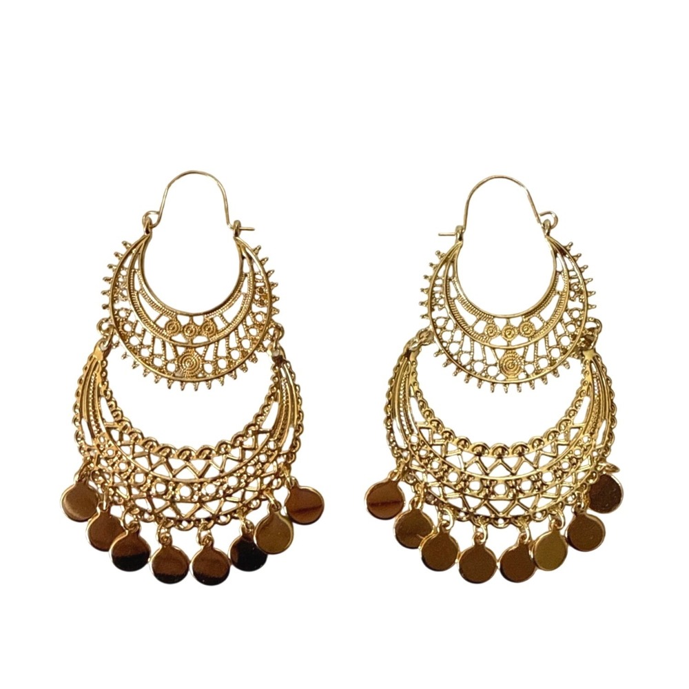 Gold Tone Filigree Crescent Moon Chandelier Earrings Boho Coin Dangle Statement